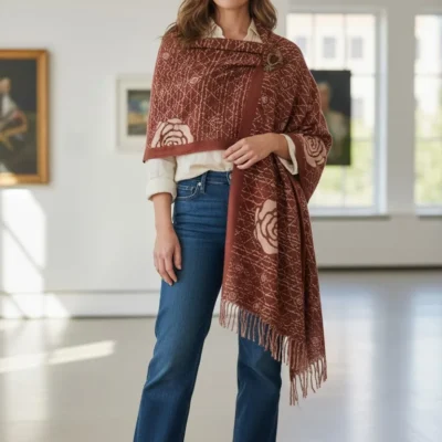 Șal Damă din Cașmir și Lână, Cărămiziu cu Design Abstract Trandafir Crem (SLC425)
