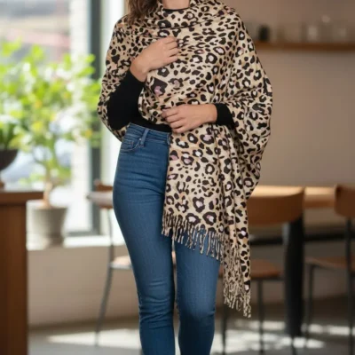 Șal Damă din Cașmir și Lână, Animal Print Bej-Negru (SLC456)