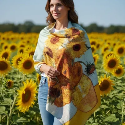 Șal Floral din Mătase Galben și Bleumarin – Elegant și Versatil – EMF95
