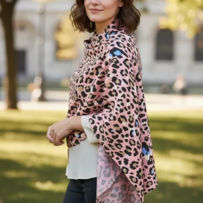 Șal Damă din Cașmir și Lână, Animal Print Roz-Alb-Gri cu Bleumarin (SLC460)