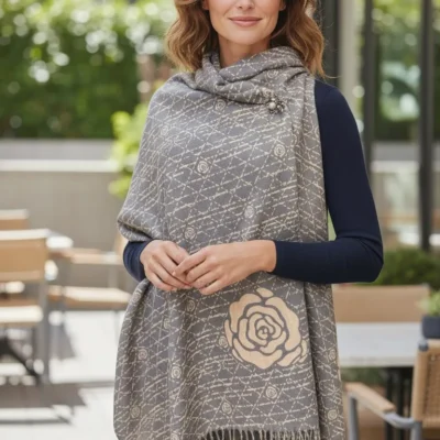 Șal Damă din Cașmir și Lână, Gri cu Design Abstract Trandafir Crem (SLC429)