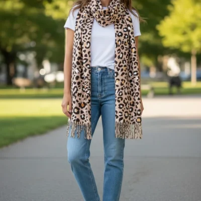 Șal Damă din Cașmir și Lână, Animal Print Roz-Crem cu Negru și Alb (SLC466)