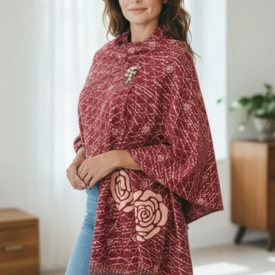 Șal Damă din Cașmir și Lână, Roșu cu Design Abstract Trandafir Crem (SLC430)
