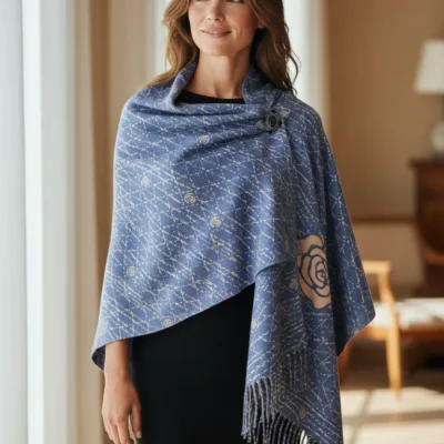 Șal Damă din Cașmir și Lână, Baby Blue cu Design Abstract Trandafir Crem (SLC427)