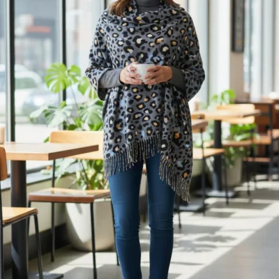 Șal Damă din Cașmir și Lână, Animal Print Gri-Albastru cu Galbene (SLC458)