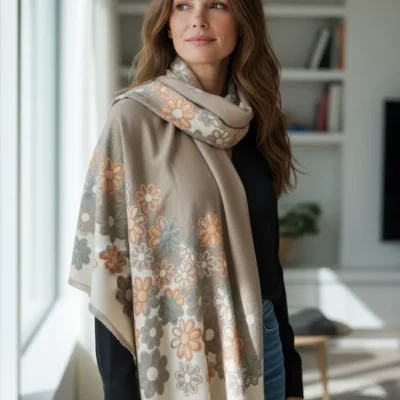 Șal Elegant din Lână și Cașmir – Model Floral în Nuanțe Bej-Taupe și Cappuccino Deschis - SLC507