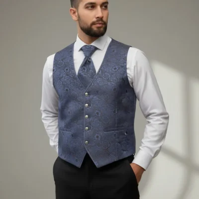 Set Vestă și Lavalieră Bărbați din Brocart Albastru Regal Ținută Elegantă Nuntă și Mire- 36VLV