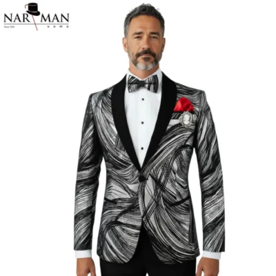 Éclat Noir & Blanc – Costum mire/ginere alb-negru cu guler șal - CSA75